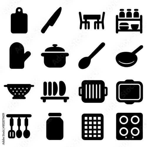 Kitchen Essential Icons: A comprehensive array of minimalist kitchen icons captures the essence of culinary tools, including chopping boards, knives, pots, pans, and more.
