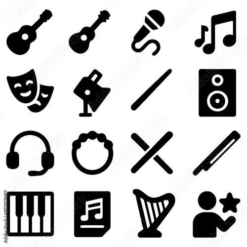 Musical Harmony Icon Set: A comprehensive collection of iconic symbols representing the diverse elements of musical performance and audio production, perfect for design needs. 