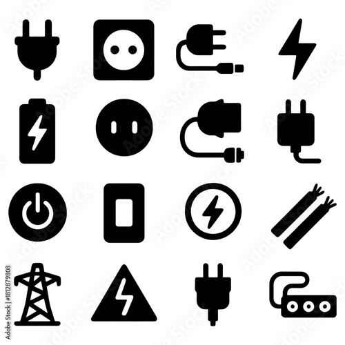 Electric Icons Array: A collection of various electric-related icons, each representing different aspects of electricity, from power outlets and plugs to lightning bolts and energy symbols.