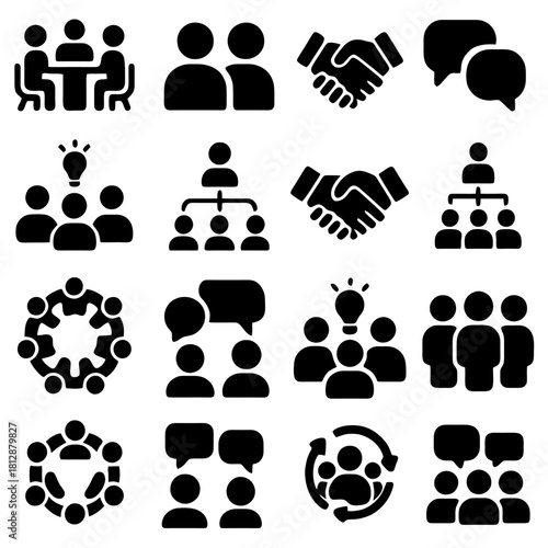 Teamwork Icon Set: A collection of concise icons representing key aspects of teamwork and collaboration. Emphasizing partnership, shared ideas, and achieving common goals.
