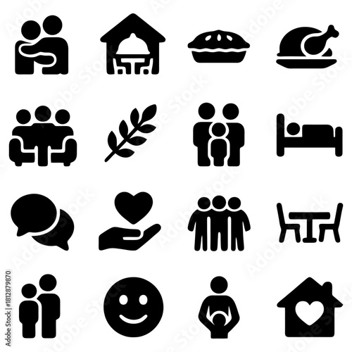 Family Icons Collection: A curated set of black silhouette icons depicting various symbols related to family, love, and home, perfect for illustrating family life concepts.