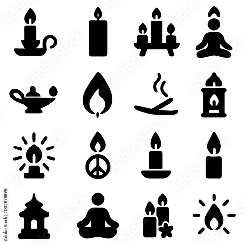 Serene Illumination: A collection of various candle icons, each meticulously designed to capture the essence of light, warmth, and tranquility, perfect for design and decoration purposes.