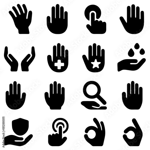 Hand Gestures Iconography: A collection of hands in various positions. Designed to be eye-catching and useful, symbolizing a wide array of activities, actions, and concepts, communicating instantly.