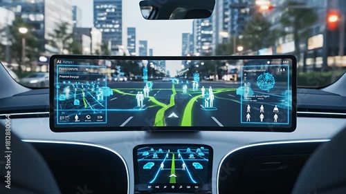 Futuristic Autonomous Vehicle Dashboard Displaying AI Powered Navigation and Real Time City Traffic with Digital Overlays for Smart Driving Assistance Technology