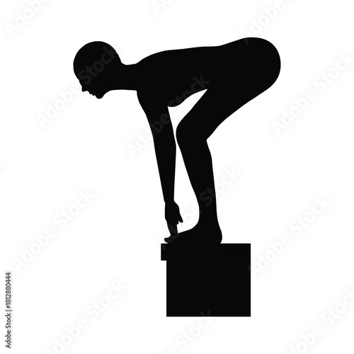 Silhouette illustration of a woman in a diving stance on a starting block, poised for a race. Ideal for themes of competitive swimming, determination, sport, fitness, ready to start, or focus.