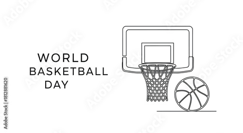 A simple black and white illustration depicting a basketball hoop and ball with text