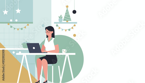 Working remotely on a laptop at home during Christmas holidays blending work and seasonal life