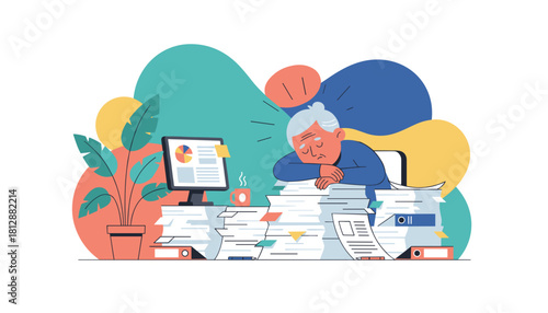 Overworked senior employee suffering burnout sleeping exhausted on a huge stack of office paperwork