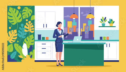 Professional woman with coffee working on a laptop in a stylish tropicalthemed urban kitchen