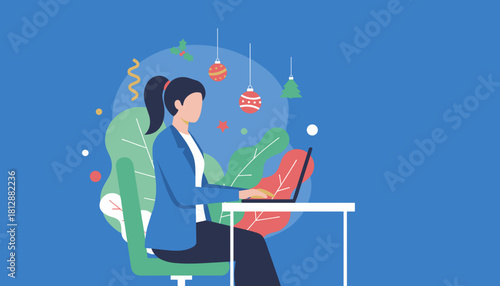 Woman working on a laptop in a festive office setting managing holiday business tasks