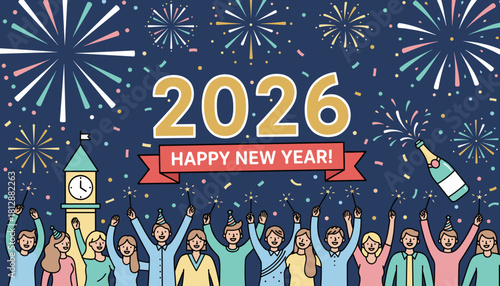 2026 New Year celebration illustration People cheering with sparklers fireworks and a clock tower countdown