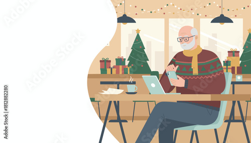 Elderly man uses phone and laptop in festive cafe preparing for Christmas
