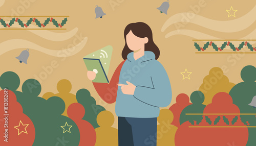 Woman presenting with a digital tablet to an abstract audience at a festive holiday event illustration