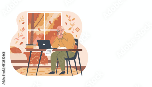 Thoughtful senior man working from home during cozy autumn day Remote work lifestyle