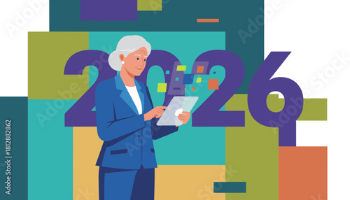 Professional senior woman uses tablet for 2026 business planning and technology