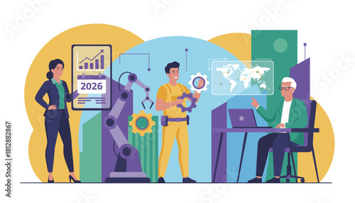 Business team planning future industry growth and global strategy using technology automation and collaboration