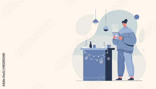 Woman in cozy winter clothing uses a digital tablet next to holiday decor Leisure and technology