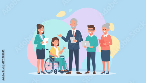 Inclusive business team with diverse ages and abilities collaborating professionally