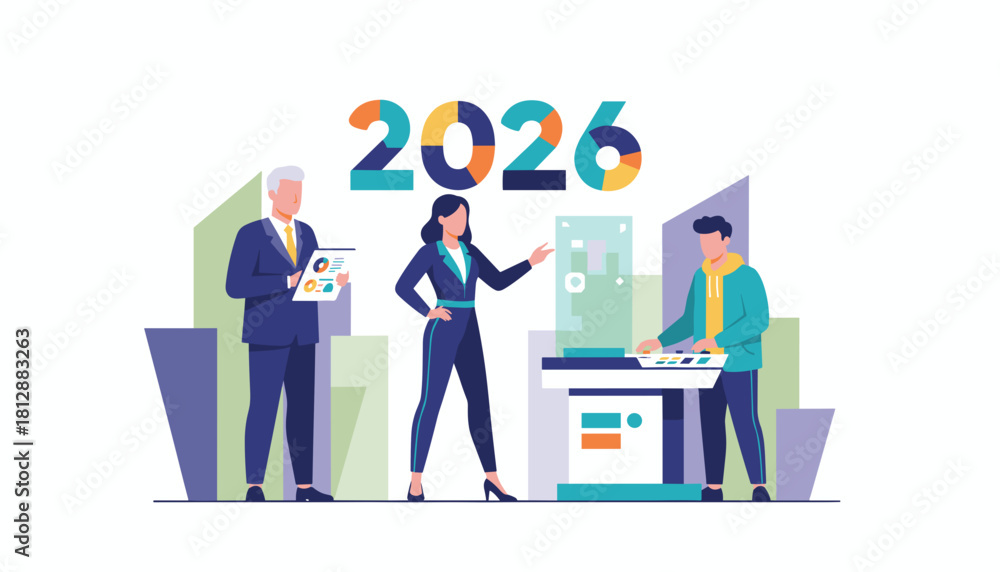 Obraz premium Business team collaborates on 2026 goals using innovative technology and data analysis