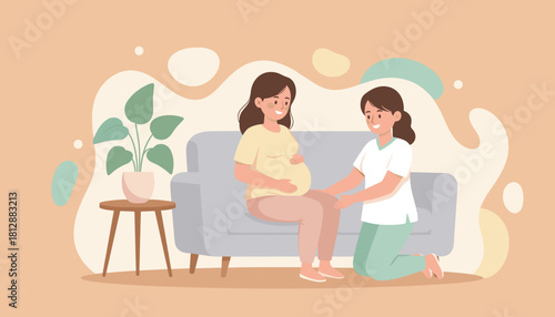 Happy pregnant woman receiving professional support and prenatal care from a smiling midwife at home