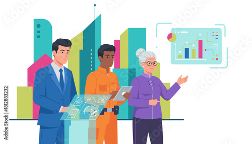 Team analyzes data for business growth and urban planning with futuristic technology