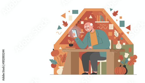 Tired senior man falls asleep holding a glowing smartphone at his desk in an autumn home