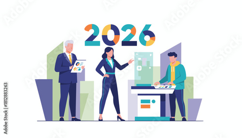 Business team collaborates on 2026 goals using innovative technology and data analysis