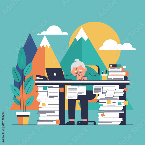 Exhausted senior person sleeping amidst mountains of paperwork and a laptop Work overload stress