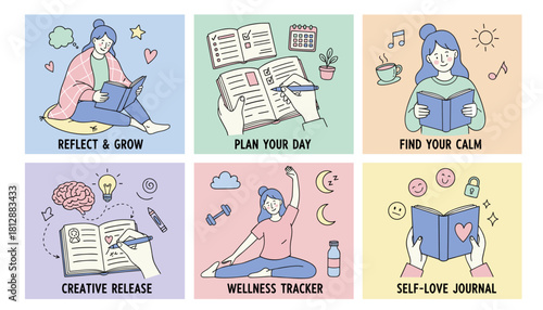 Daily selfcare checklist planning wellness reflection and creative journaling for mental wellbeing