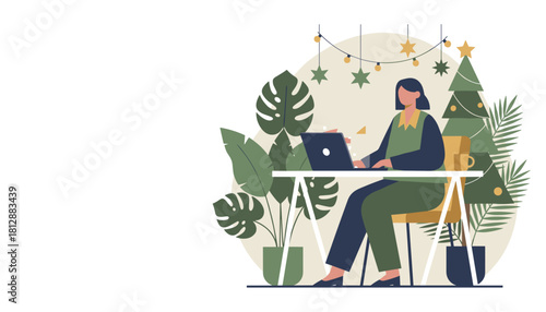 Remote worker using laptop at a festive green desk WFH productivity during the holiday season
