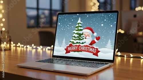 Laptop displaying a festive Merry Christmas illustration with Santa Claus and a snow-covered Christmas tree on a wooden desk with blurred string lights.