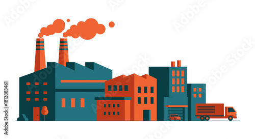 Stylized industrial factory complex with pollution and delivery truck Manufacturing and logistics concept