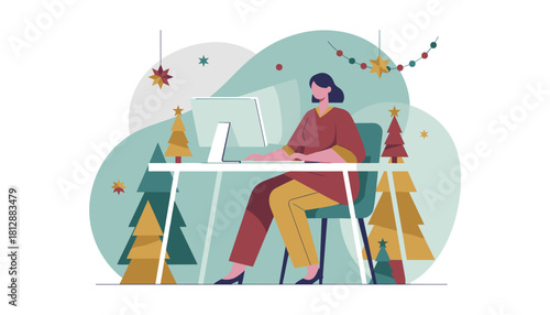 Woman working at computer desk decorated for Christmas Remote holiday business concept