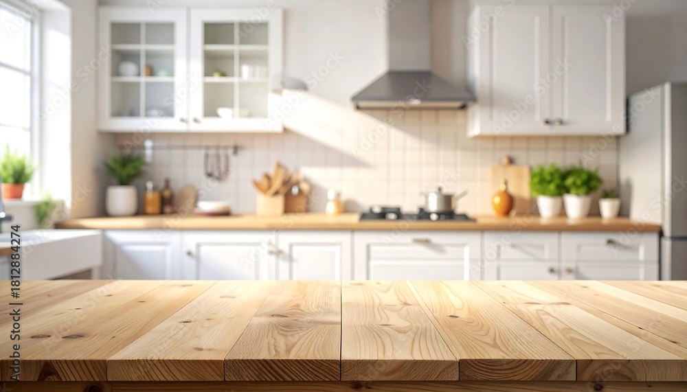 Fototapeta premium Clean, modern kitchen with a bright, light wood countertop in the foreground.