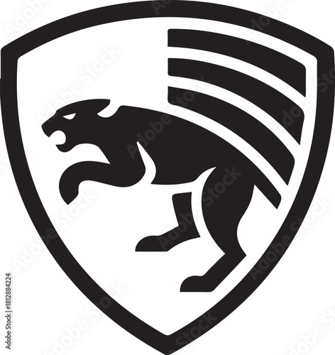 Cougar Logo with Sunburst Effect on Shield — Monochromatic Vector Emblem of Vigor, Achievement, and Success Branding