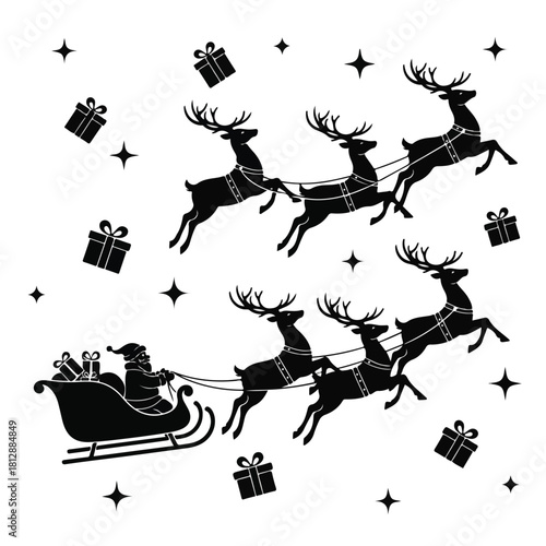Black silhouette illustration of Santa's sleigh with reindeer flying through a starry night sky with gifts.