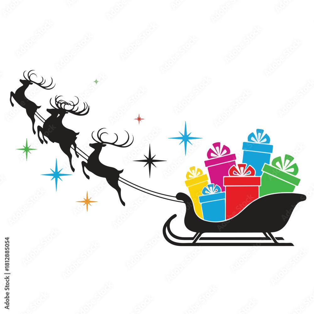 Naklejka premium Silhouette of reindeer pulling a sleigh with colorful gifts against a white background with starburst shapes.