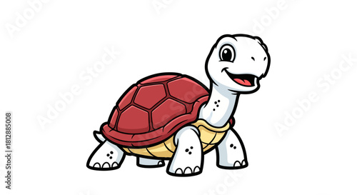 A cute cartoon illustration of a smiling turtle with a red shell on a white background.