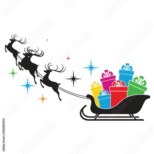 Silhouette of reindeer pulling a sleigh with colorful gifts against a white background with starburst shapes.