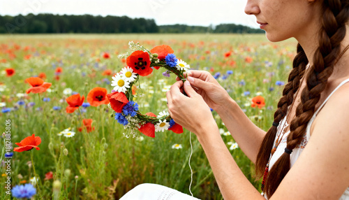 Fototapeta Naklejka Na Ścianę i Meble -  Woman weaving a floral wreath with poppies, daisies, and cornflowers in a blooming meadow on a summer day