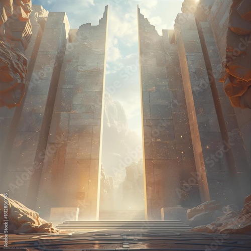 Giant gate of New Jerusalem opening in heavenly setting, symbolic monumental architecture with divine light and spiritual atmosphere