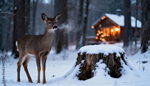 Wallpaper Mural Deer standing in snowy forest with cabin illuminated for winter   Torontodigital.ca