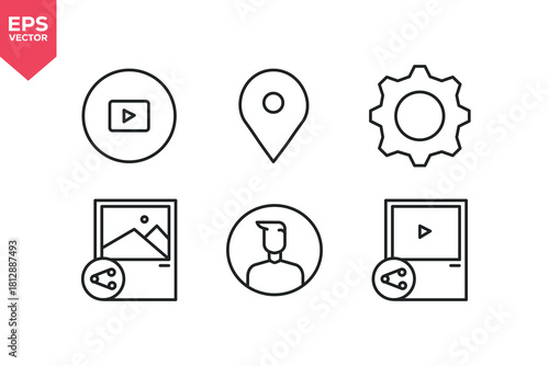 Set of line icons related to  video play button, location pin, setting icon, share image, user avatar, share video. Editable stroke. Vector illustration