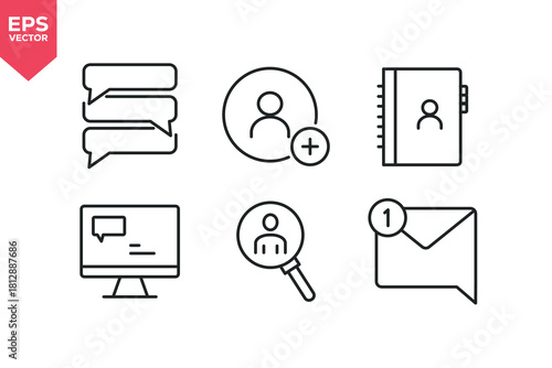 Set of line icons related to add new user,  stacked chat bubbles, address book, desktop notification.  Editable stroke. Vector illustration