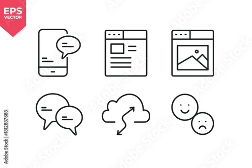 Set of line icons related to mobile message,  webpage, image on webpage, conversation, cloud service,feedback. Editable stroke. Vector illustration