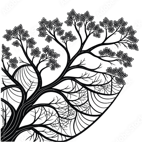 Black and white illustration of a tree with intricate branches