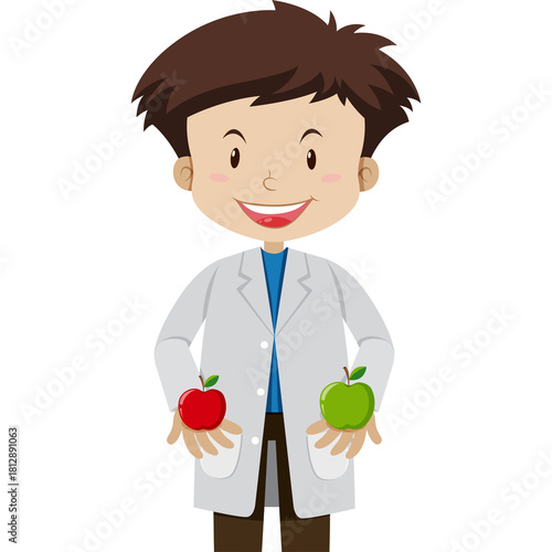 Smiling Young Male Scientist Wearing White Lab Coat Holding Red and Green Apples Representing Health and Nutrition