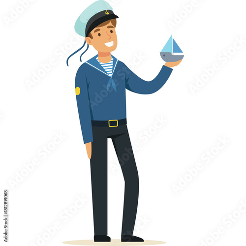 Smiling Young Male Sailor Wearing A Classic Navy Blue Uniform And Cap Holding A Small Toy Sailboat In His Hand With A White Background