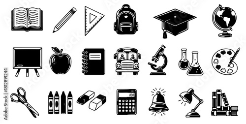 Explore learning with essential school tools for a successful academic year in black and white