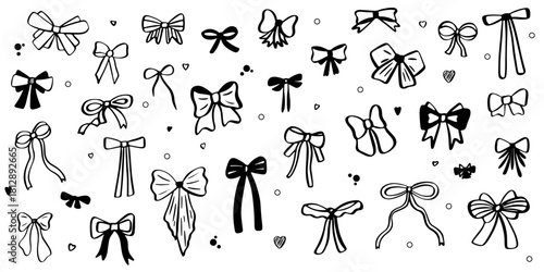 Black whimsical bows set. Big set of hand drawn elegant bows.